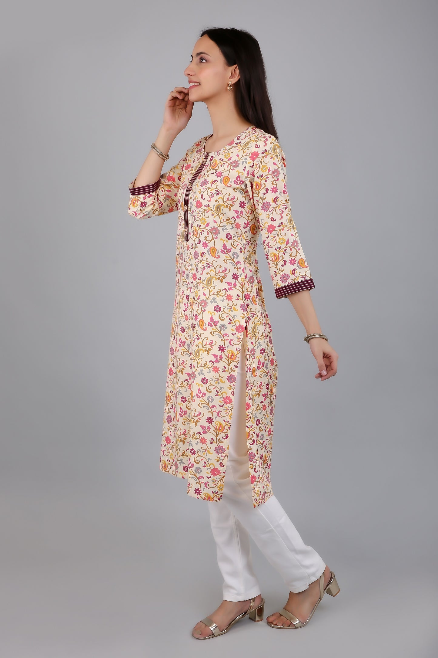 VAPPS Cotton Floral Printed Kurta for Women and Girls - Wine