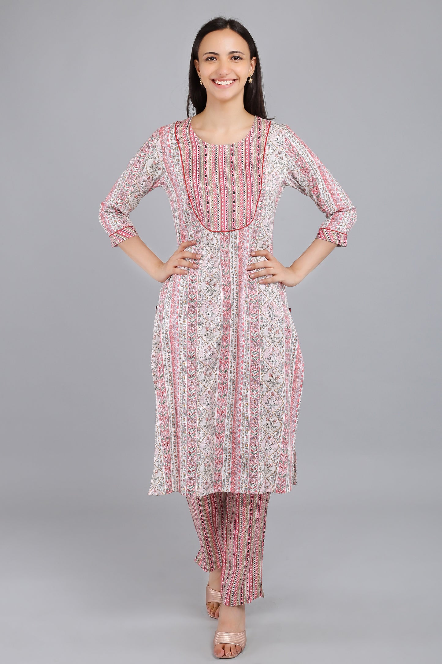 VAPPS Printed Cotton Kurta and Pant Set - Pink