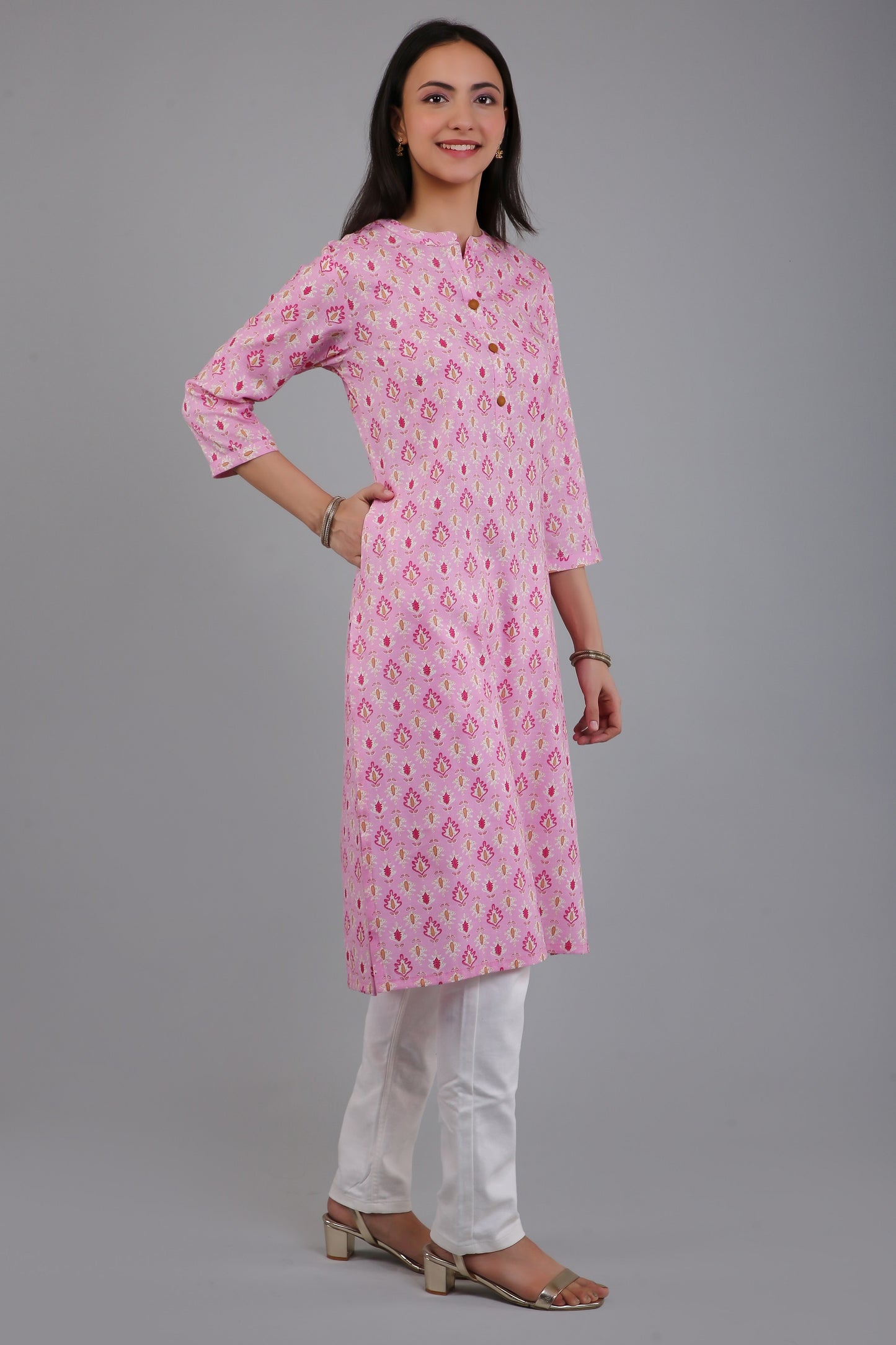 VAPPS Women's Cotton Printed A Line Kurta for Women and Girls - Pink