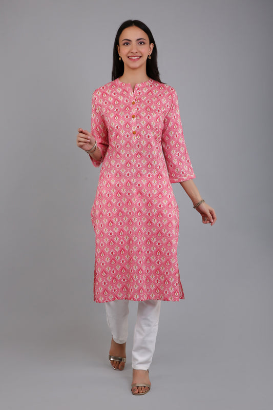 VAPPS Women's Cotton Printed A Line Kurta for Women and Girls - Peach