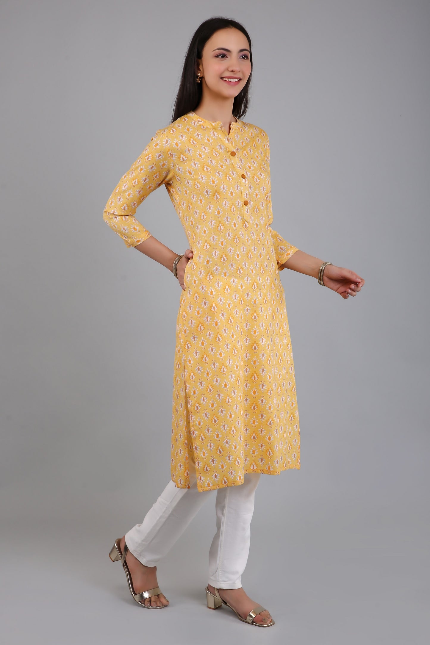 VAPPS Women's Cotton Printed A Line Kurta for Women and Girls - Yellow