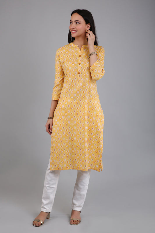 VAPPS Women's Cotton Printed A Line Kurta for Women and Girls - Yellow