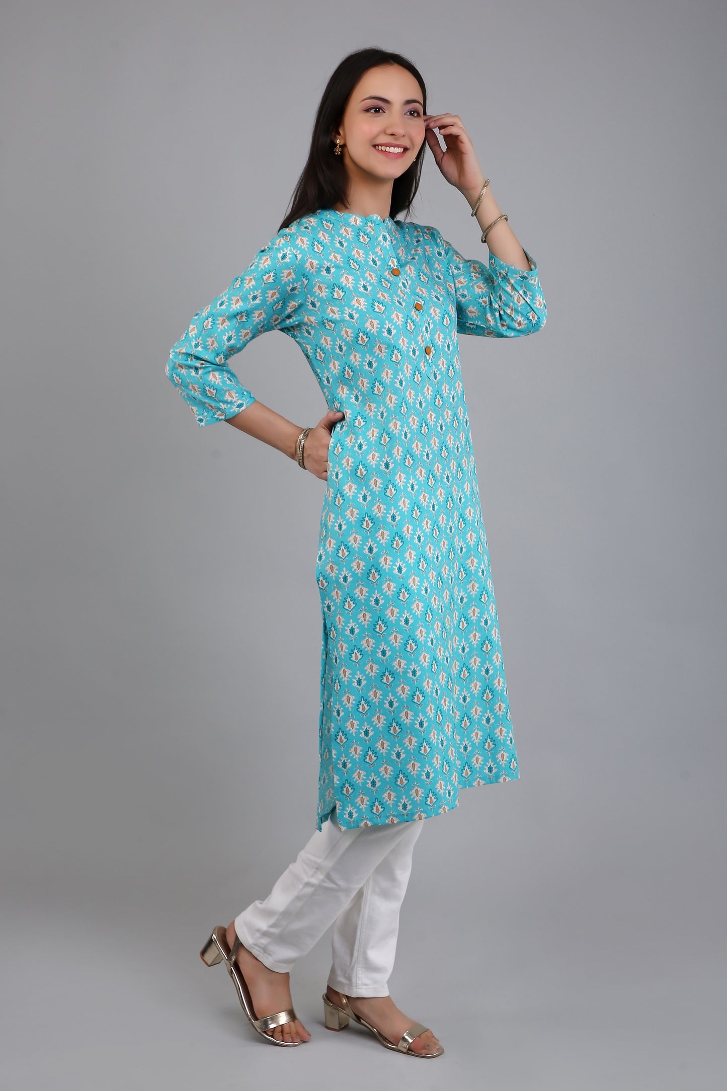 VAPPS Women's Cotton Printed A Line Kurta for Women and Girls - Blue