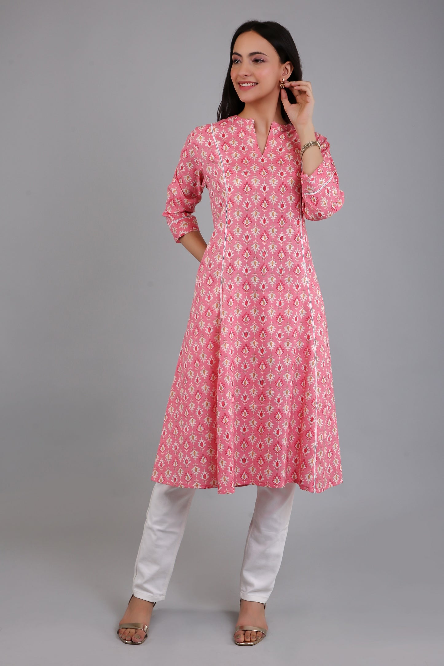 VAPPS Women's Cotton Printed A Line Kurta for Women and Girls -S1 - Peach