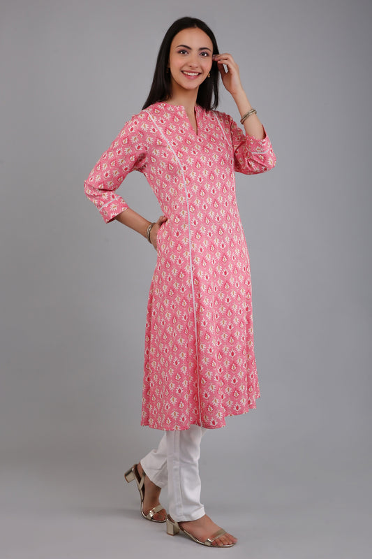 VAPPS Women's Cotton Printed A Line Kurta for Women and Girls -S1 - Peach