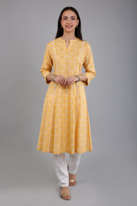 VAPPS Women's Cotton Printed A Line Kurta for Women and Girls -S1 - Yellow