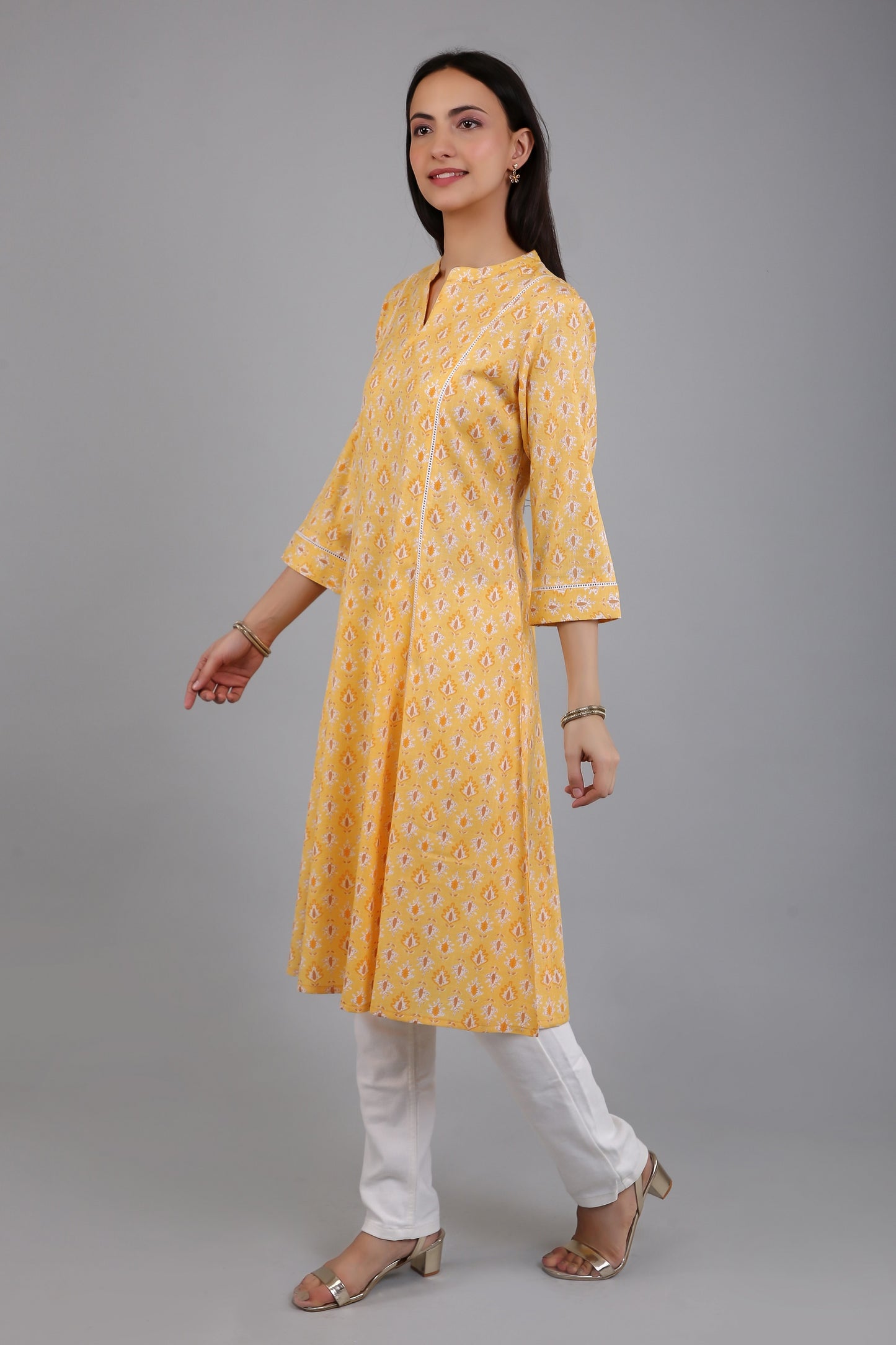 VAPPS Women's Cotton Printed A Line Kurta for Women and Girls -S1 - Yellow