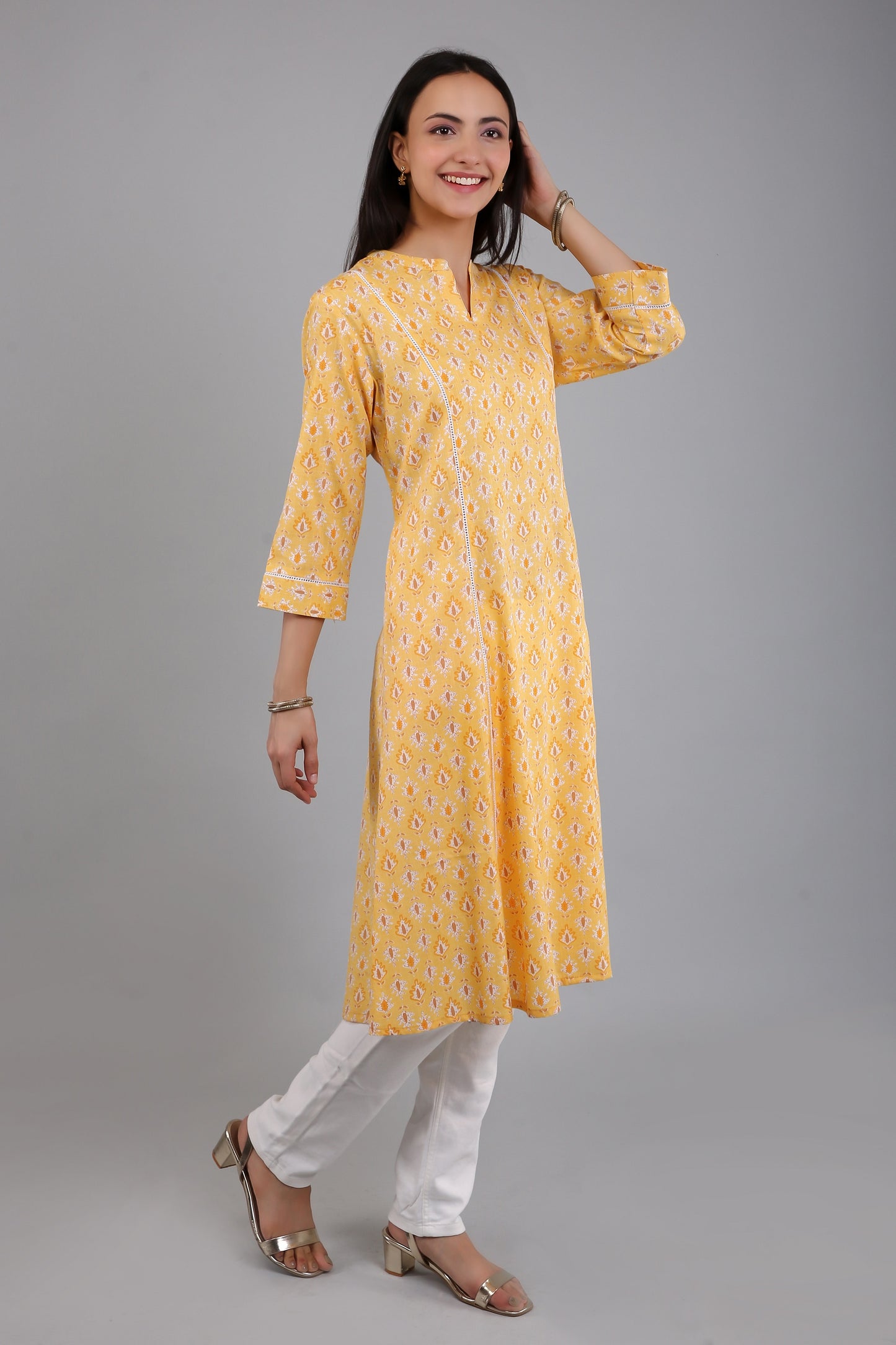 VAPPS Women's Cotton Printed A Line Kurta for Women and Girls -S1 - Yellow