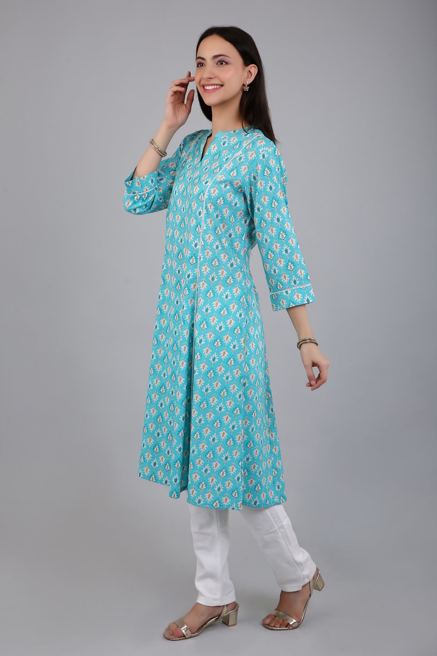 VAPPS Women's Cotton Printed A Line Kurta for Women and Girls -S1 - Blue