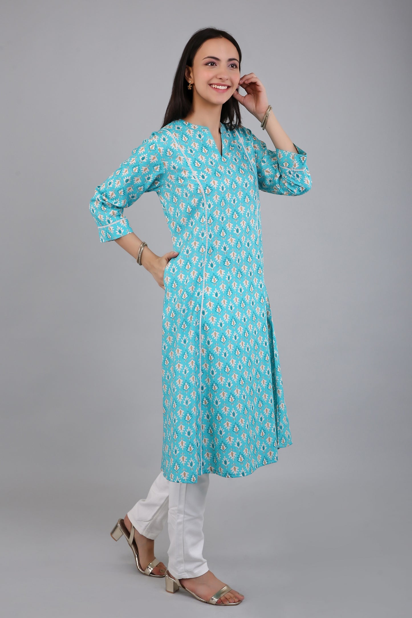 VAPPS Women's Cotton Printed A Line Kurta for Women and Girls -S1 - Blue