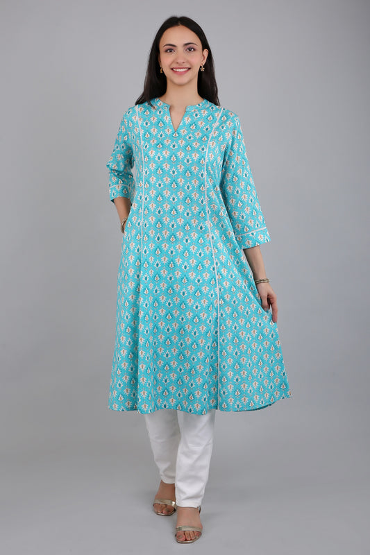 VAPPS Women's Cotton Printed A Line Kurta for Women and Girls -S1 - Blue