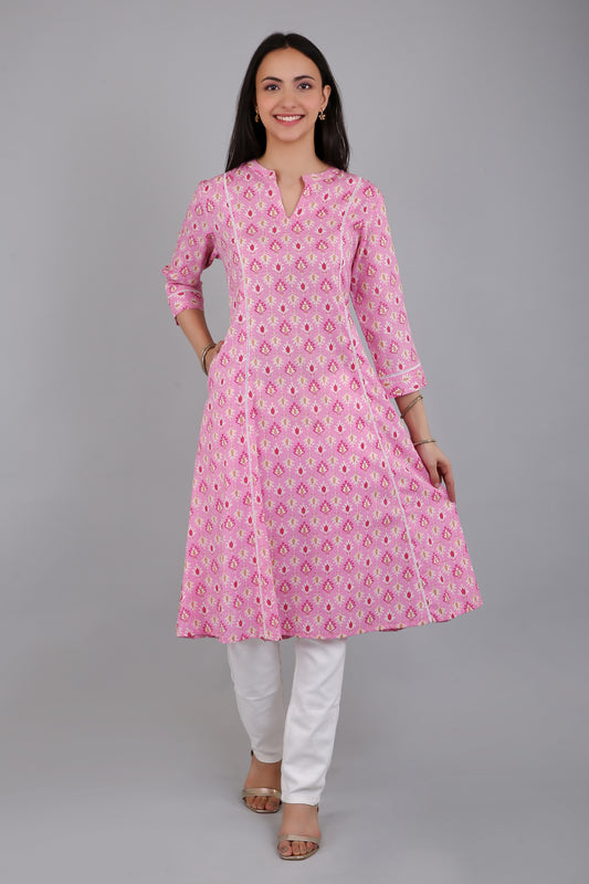 VAPPS Women's Cotton Printed A Line Kurta for Women and Girls -S1 - Pink