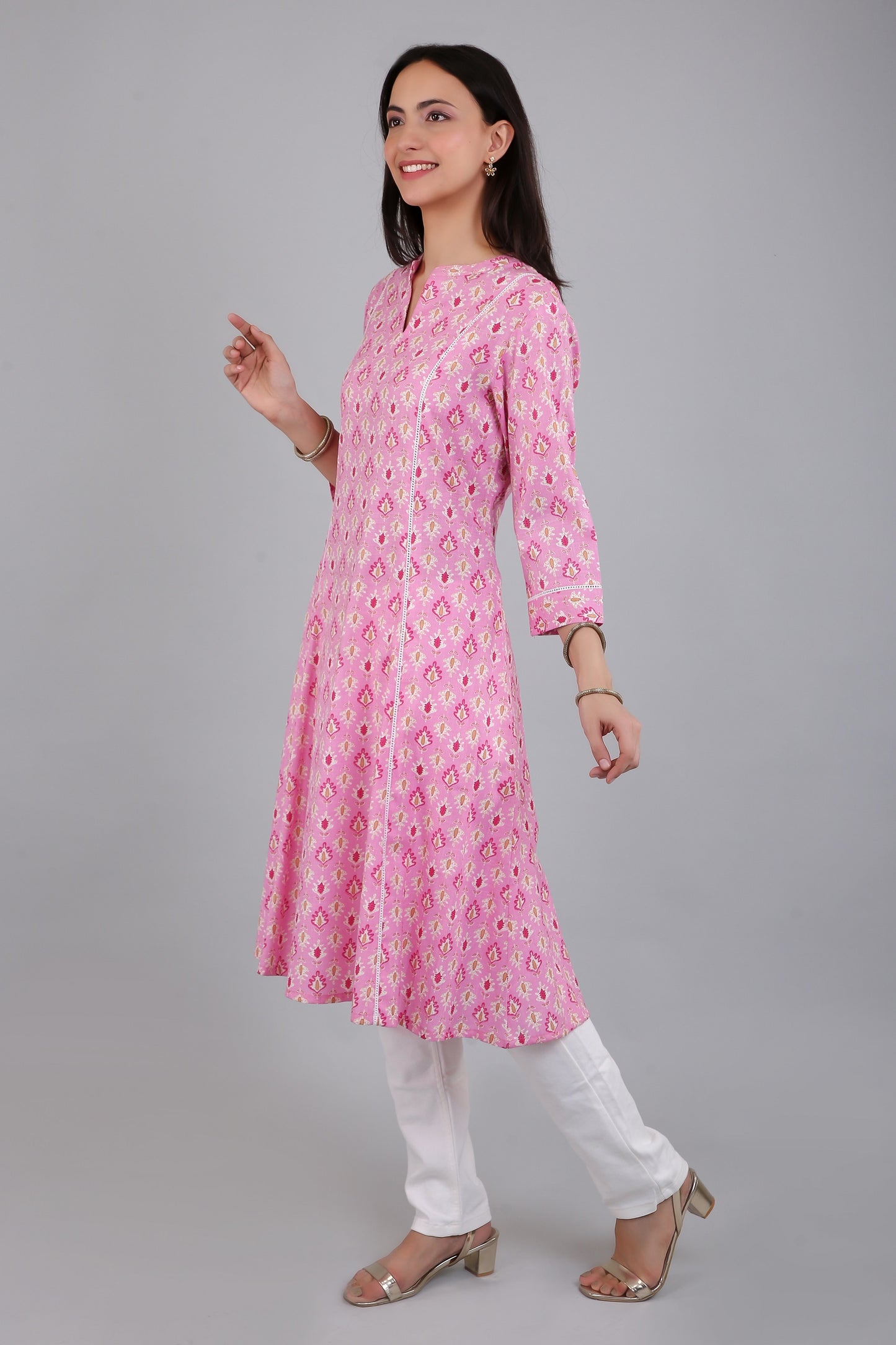 VAPPS Women's Cotton Printed A Line Kurta for Women and Girls -S1 - Pink