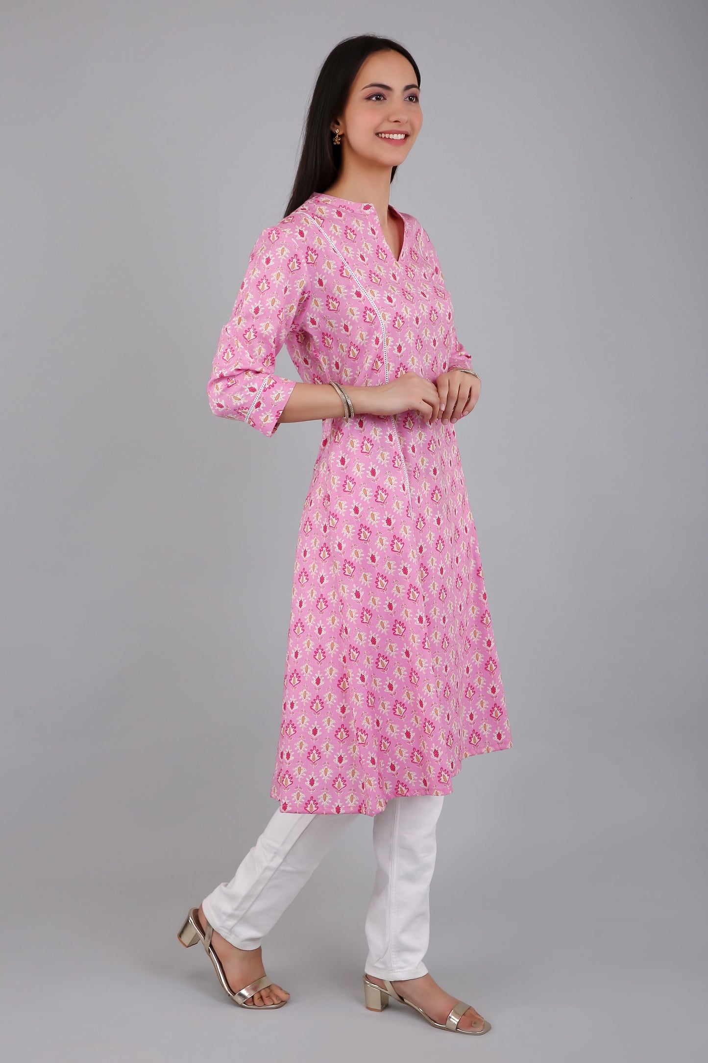 VAPPS Women's Cotton Printed A Line Kurta for Women and Girls -S1 - Pink