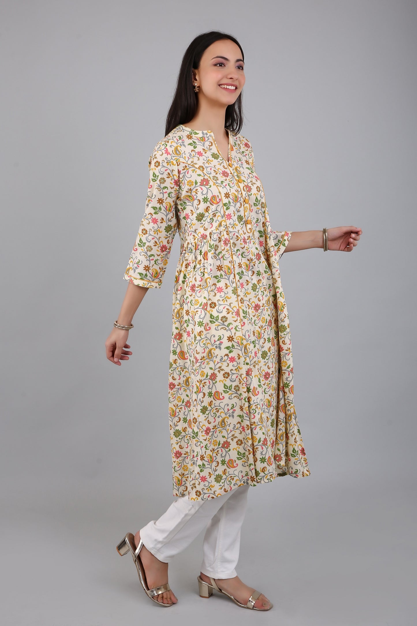 VAPPS Cotton Floral Printed Long Flared Kurta for Women and Girls - Yellow