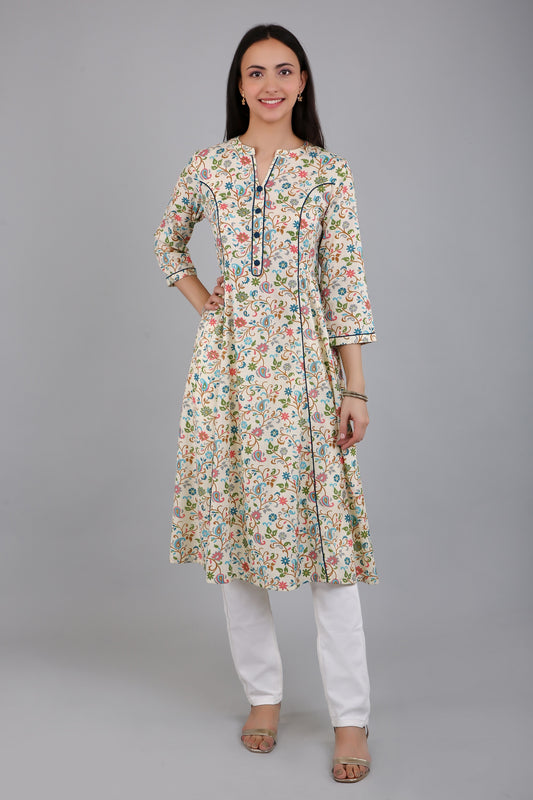 VAPPS Cotton Floral Printed Long Flared Kurta for Women and Girls - Blue