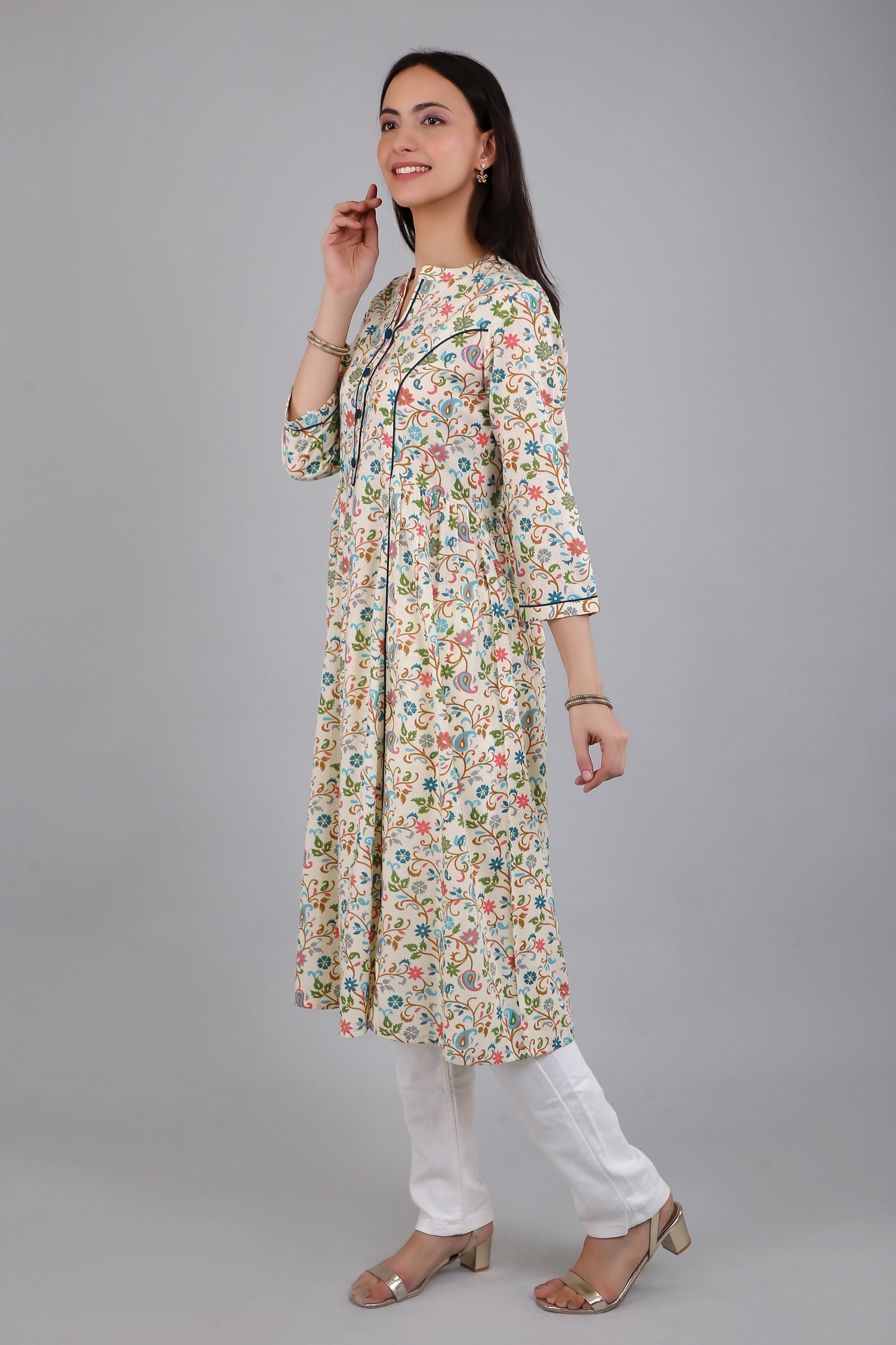 VAPPS Cotton Floral Printed Long Flared Kurta for Women and Girls - Blue