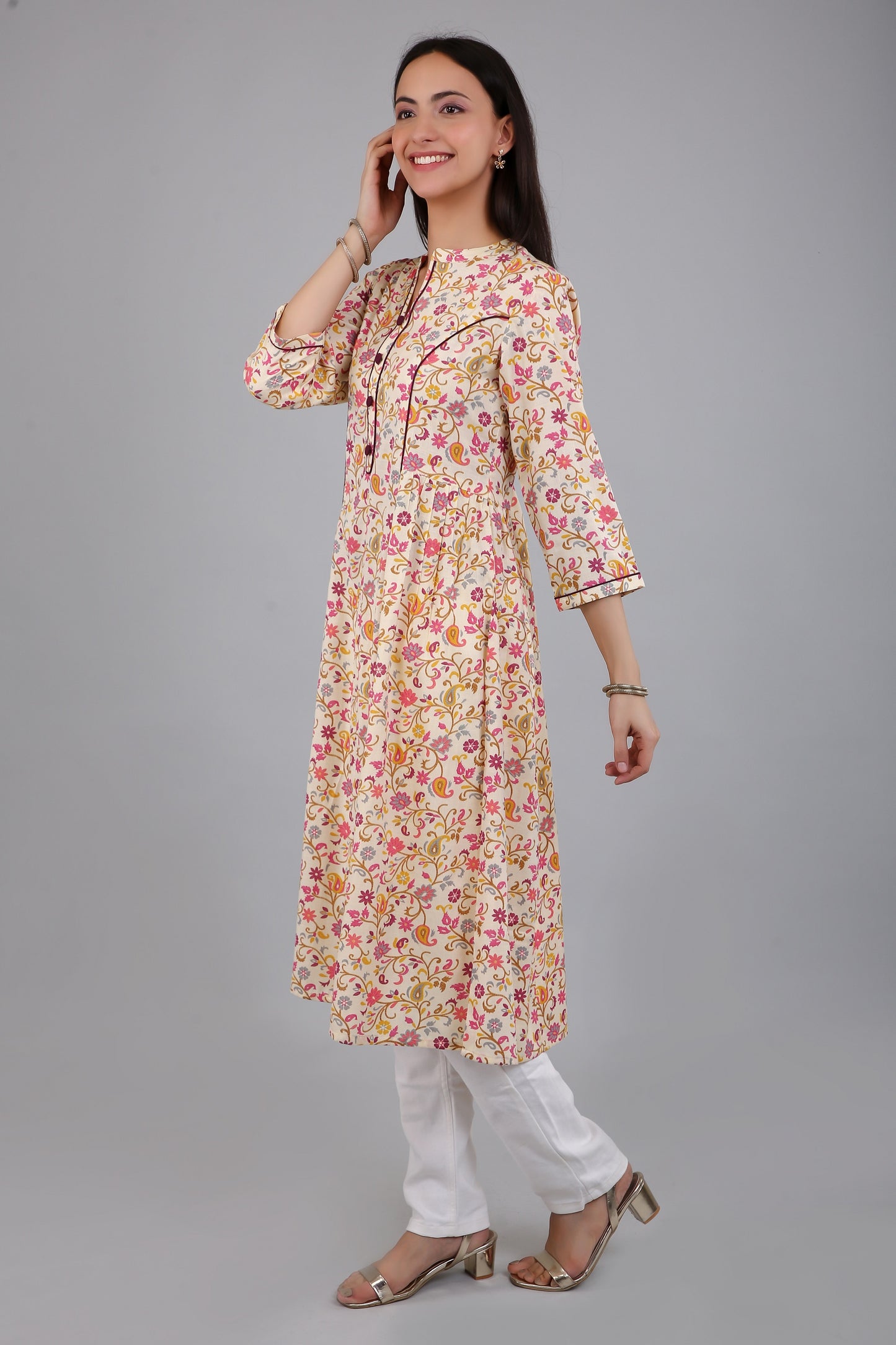 VAPPS Cotton Floral Printed Long Flared Kurta for Women and Girls - Wine