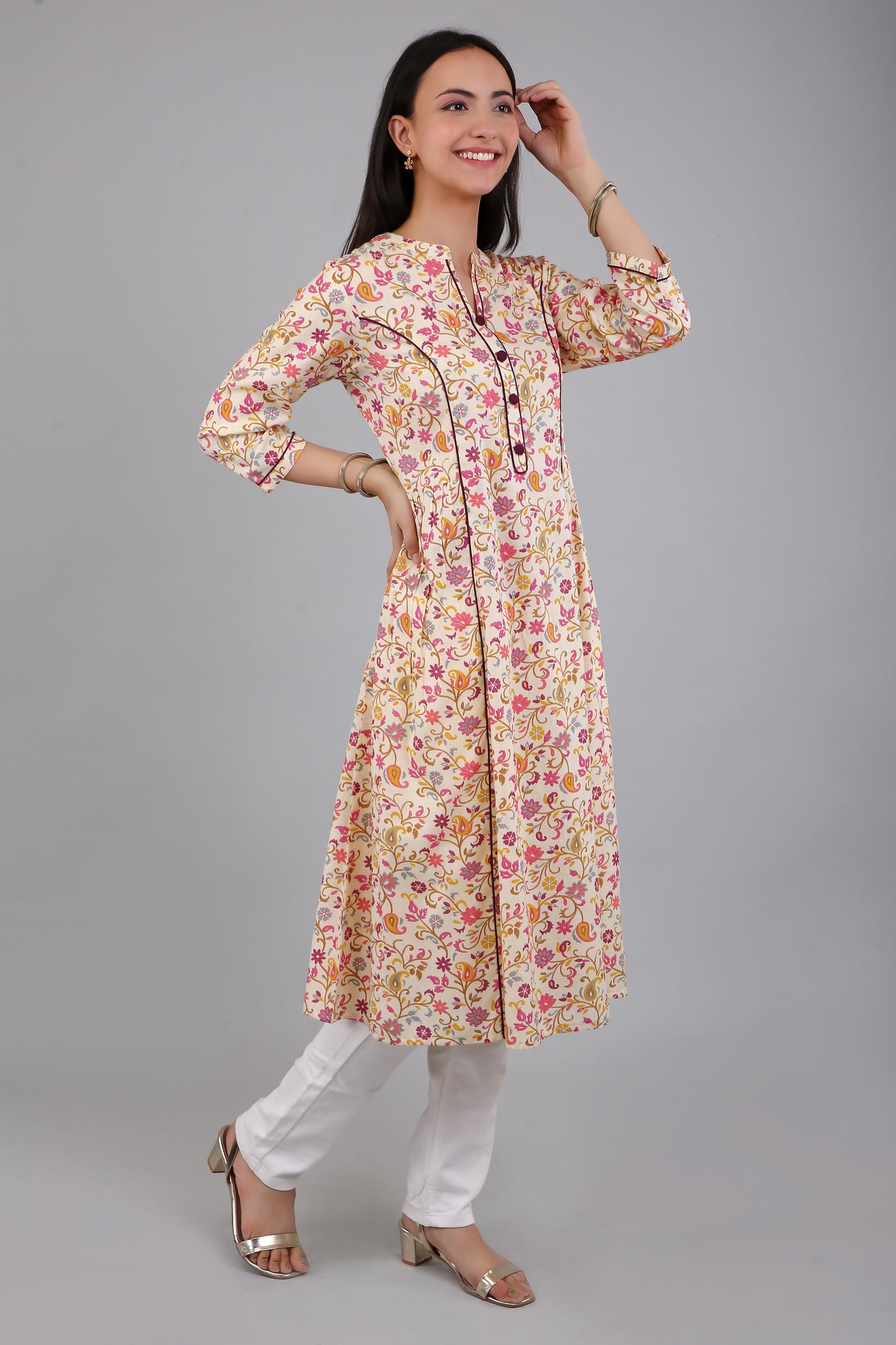 VAPPS Cotton Floral Printed Long Flared Kurta for Women and Girls - Wine