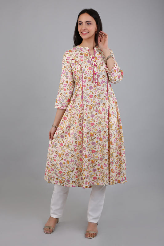 VAPPS Cotton Floral Printed Long Flared Kurta for Women and Girls - Pink