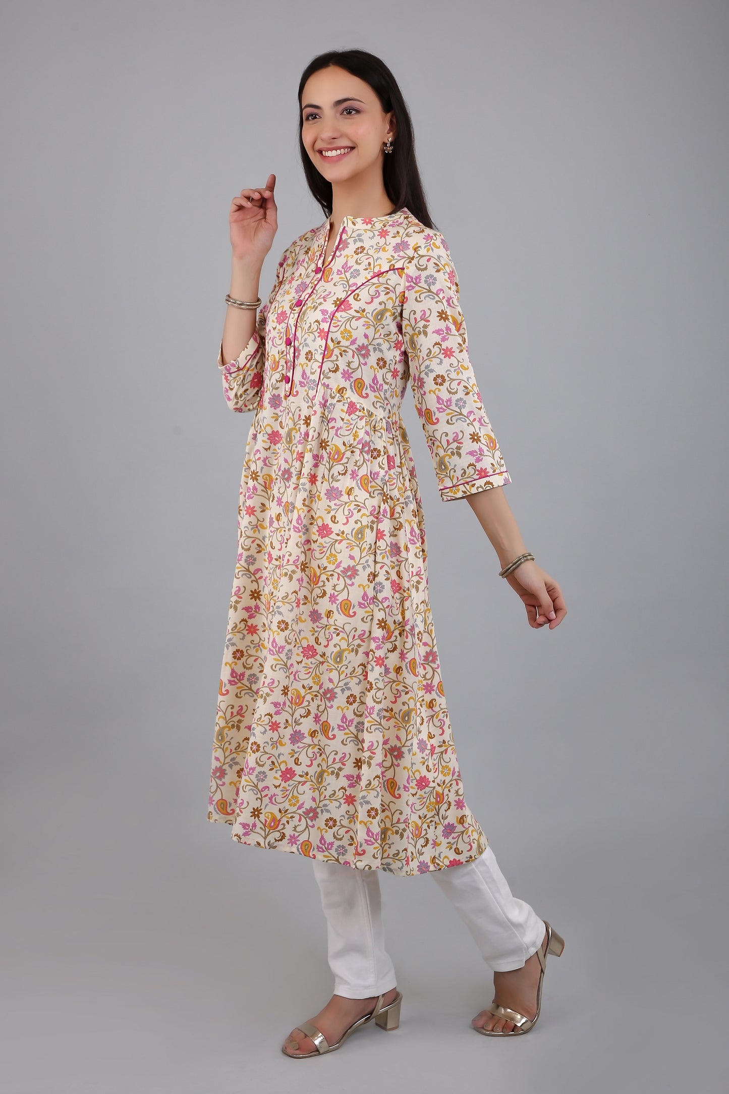 VAPPS Cotton Floral Printed Long Flared Kurta for Women and Girls - Pink