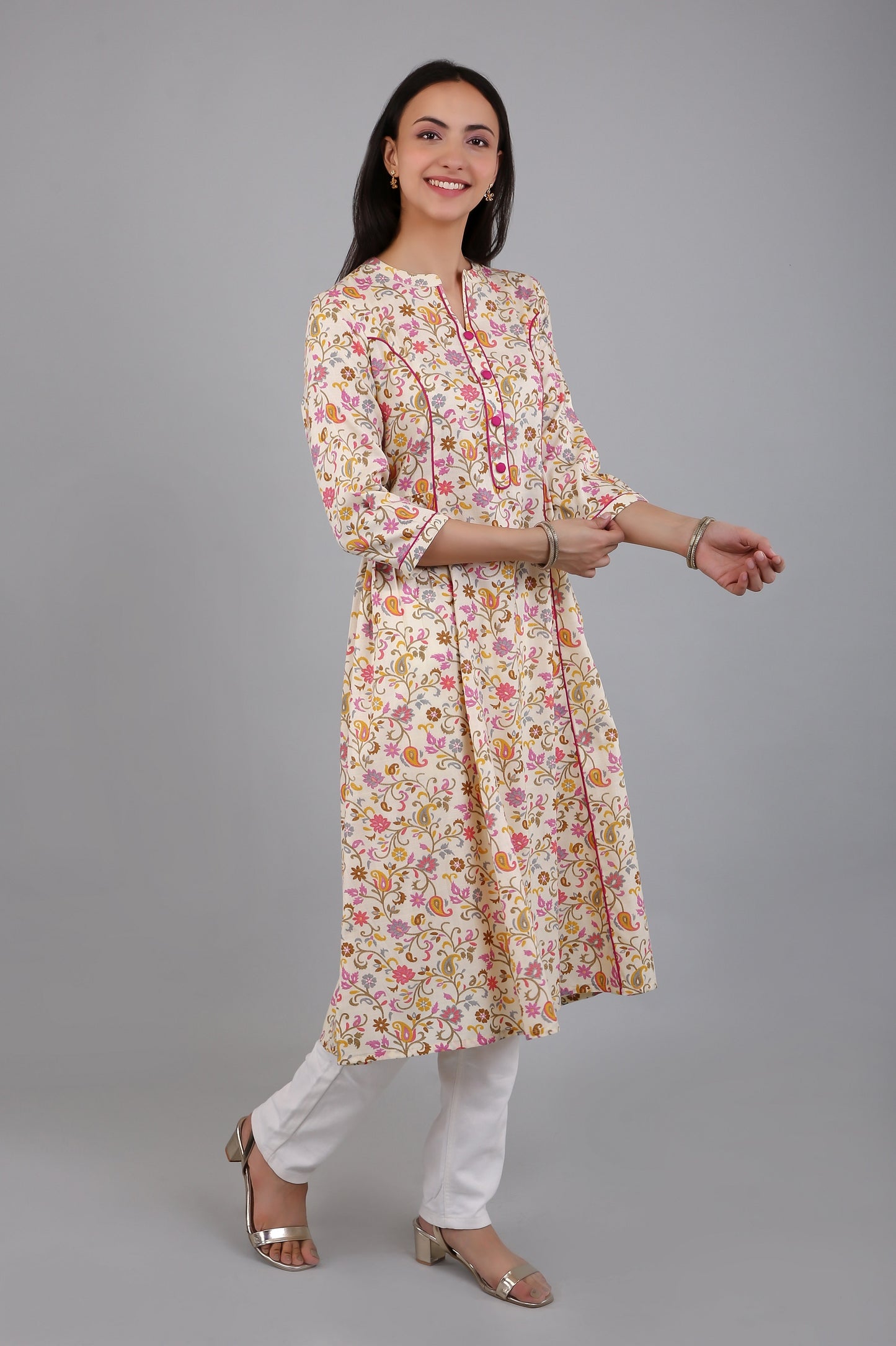 VAPPS Cotton Floral Printed Long Flared Kurta for Women and Girls - Pink