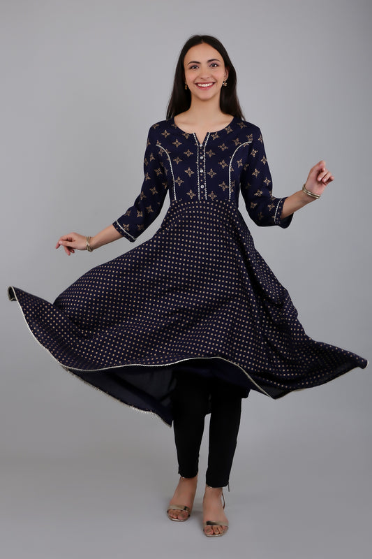 VAPPS Rayon Anarkali Style Printed Kurta for Women and Girls - Navy Blue