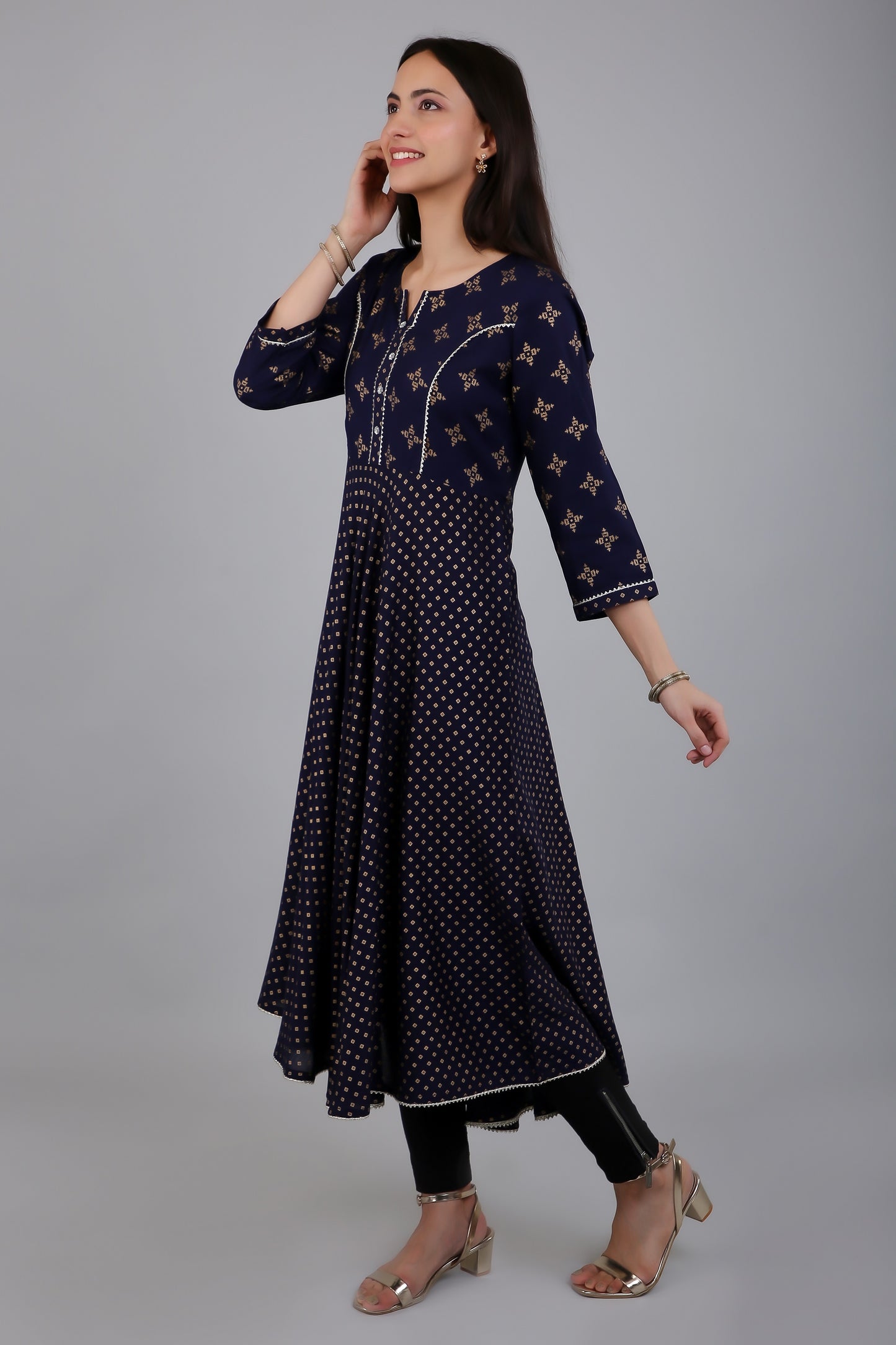 VAPPS Rayon Anarkali Style Printed Kurta for Women and Girls - Navy Blue