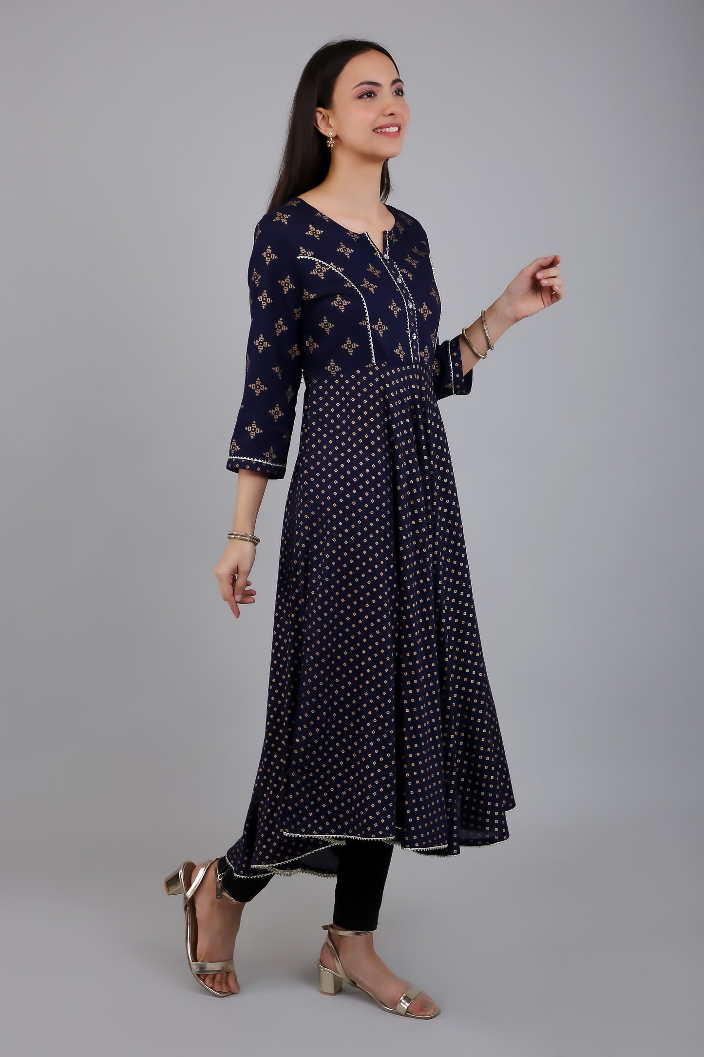 VAPPS Rayon Anarkali Style Printed Kurta for Women and Girls - Navy Blue