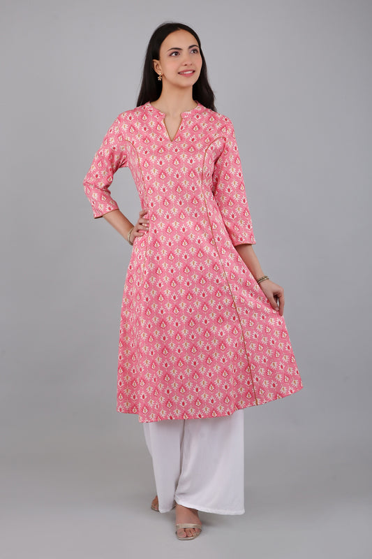 VAPPS Women's Cotton Printed A Line Kurta for Women and Girls -S2 - Peach