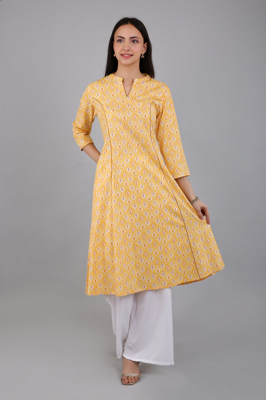 VAPPS Women's Cotton Printed A Line Kurta for Women and Girls -S2 - Yellow