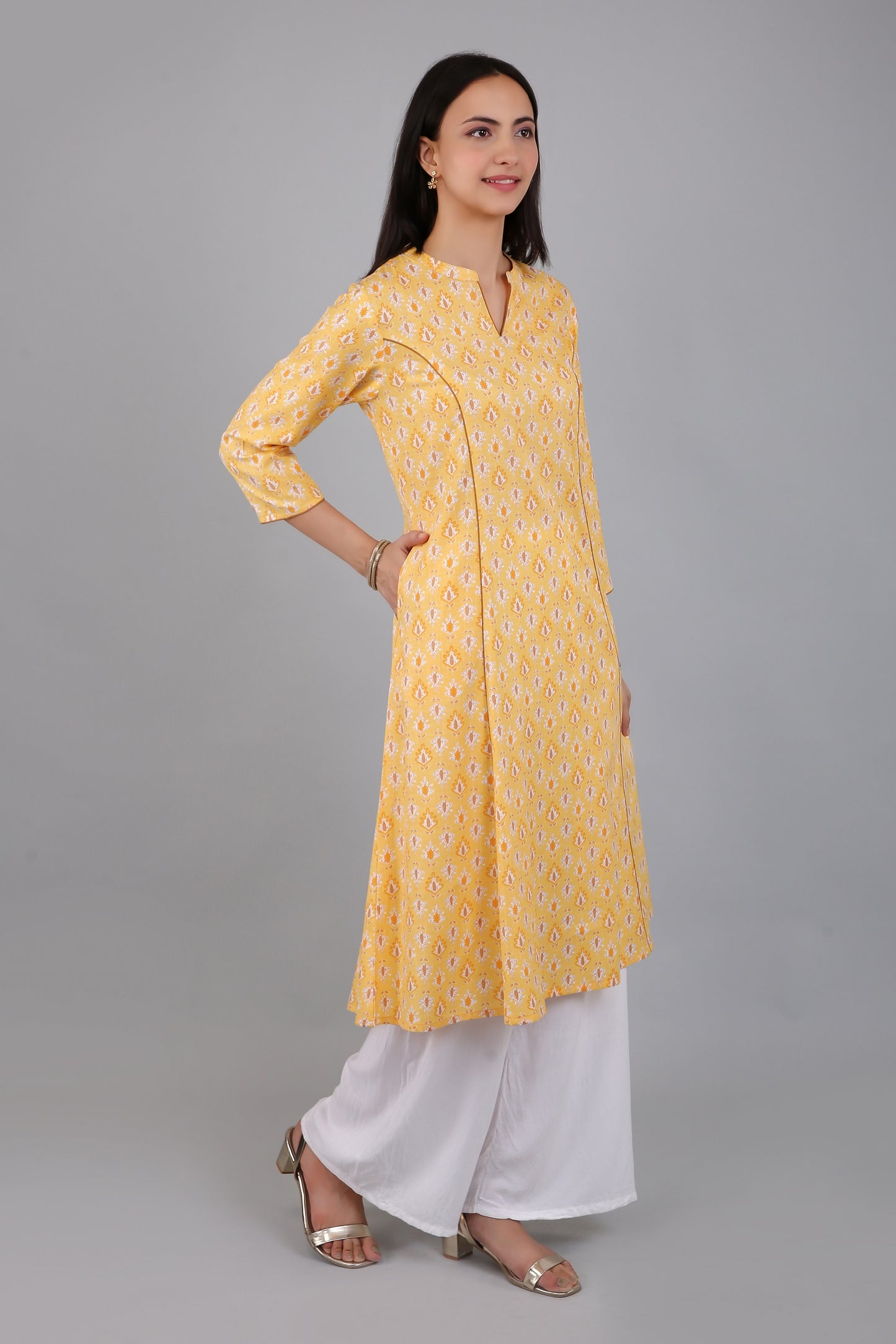 VAPPS Women's Cotton Printed A Line Kurta for Women and Girls -S2 - Yellow