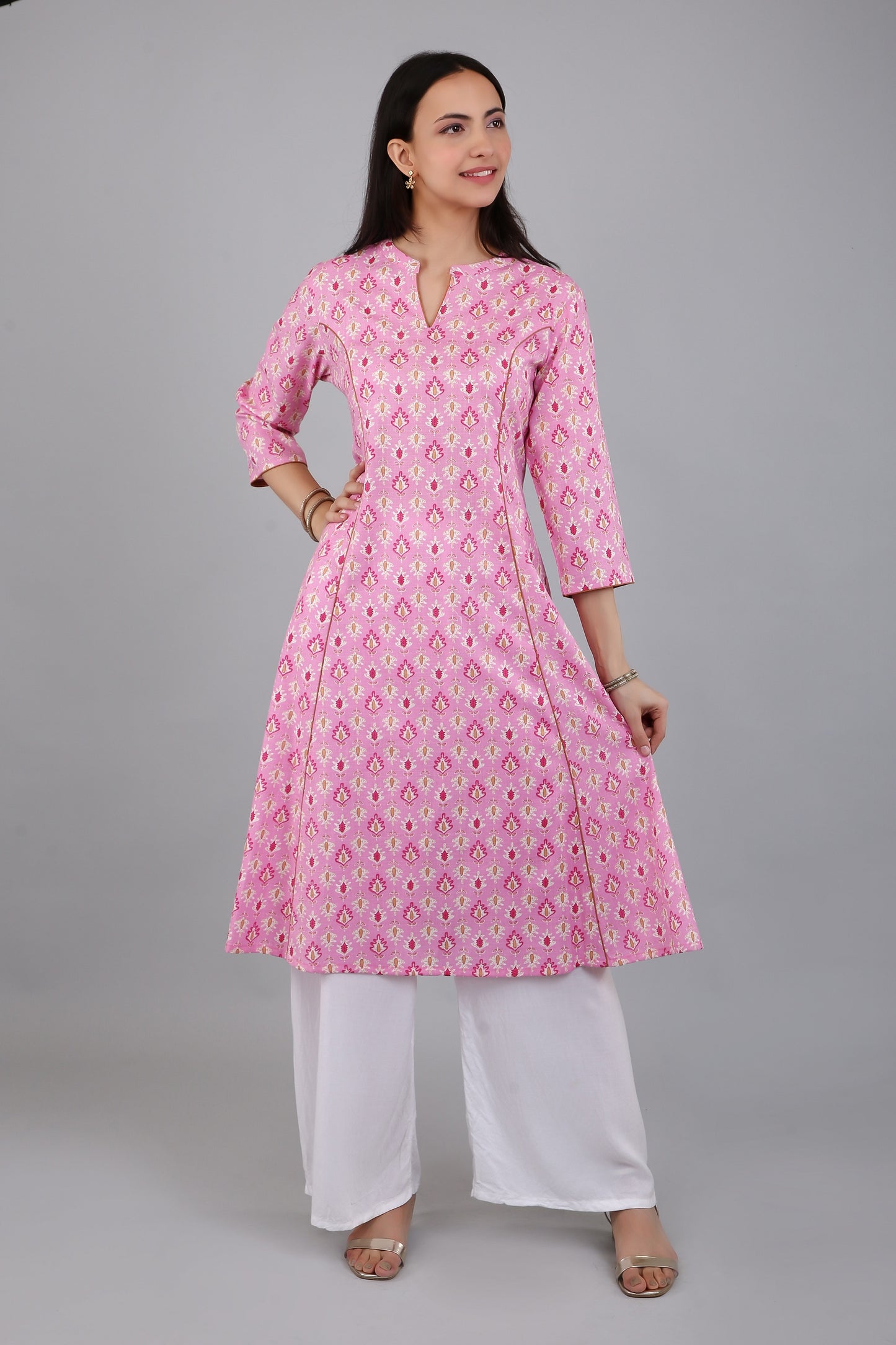 VAPPS Women's Cotton Printed A Line Kurta for Women and Girls -S2 - Pink