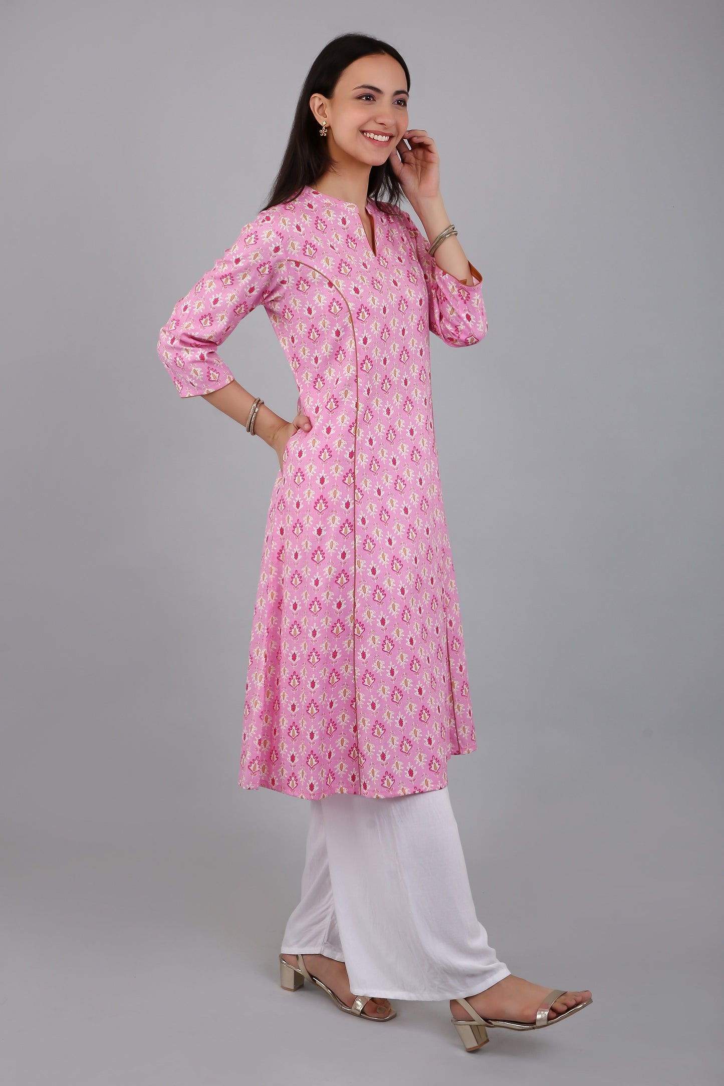 VAPPS Women's Cotton Printed A Line Kurta for Women and Girls -S2 - Pink