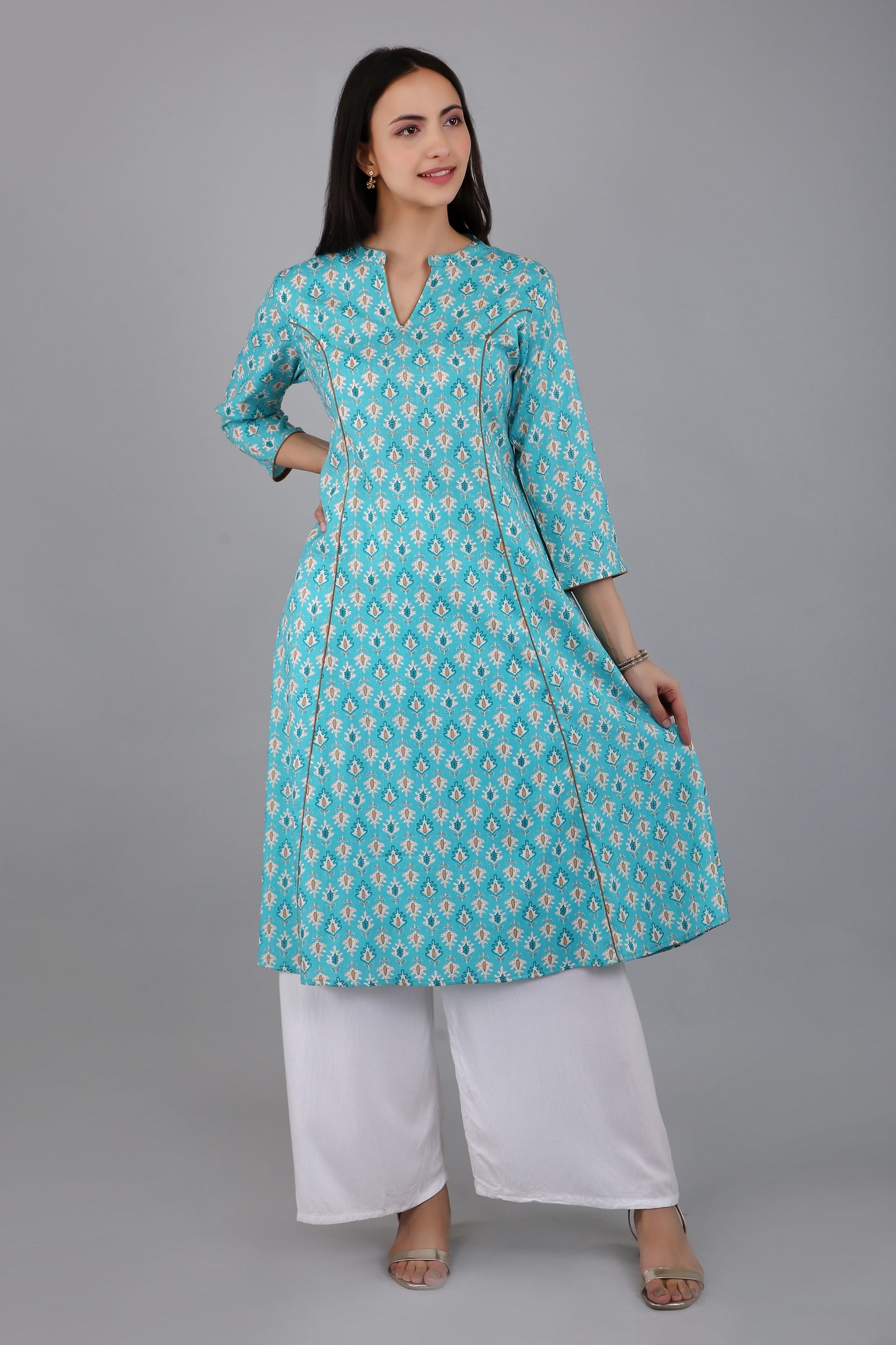 VAPPS Women's Cotton Printed A Line Kurta for Women and Girls -S2 - Blue