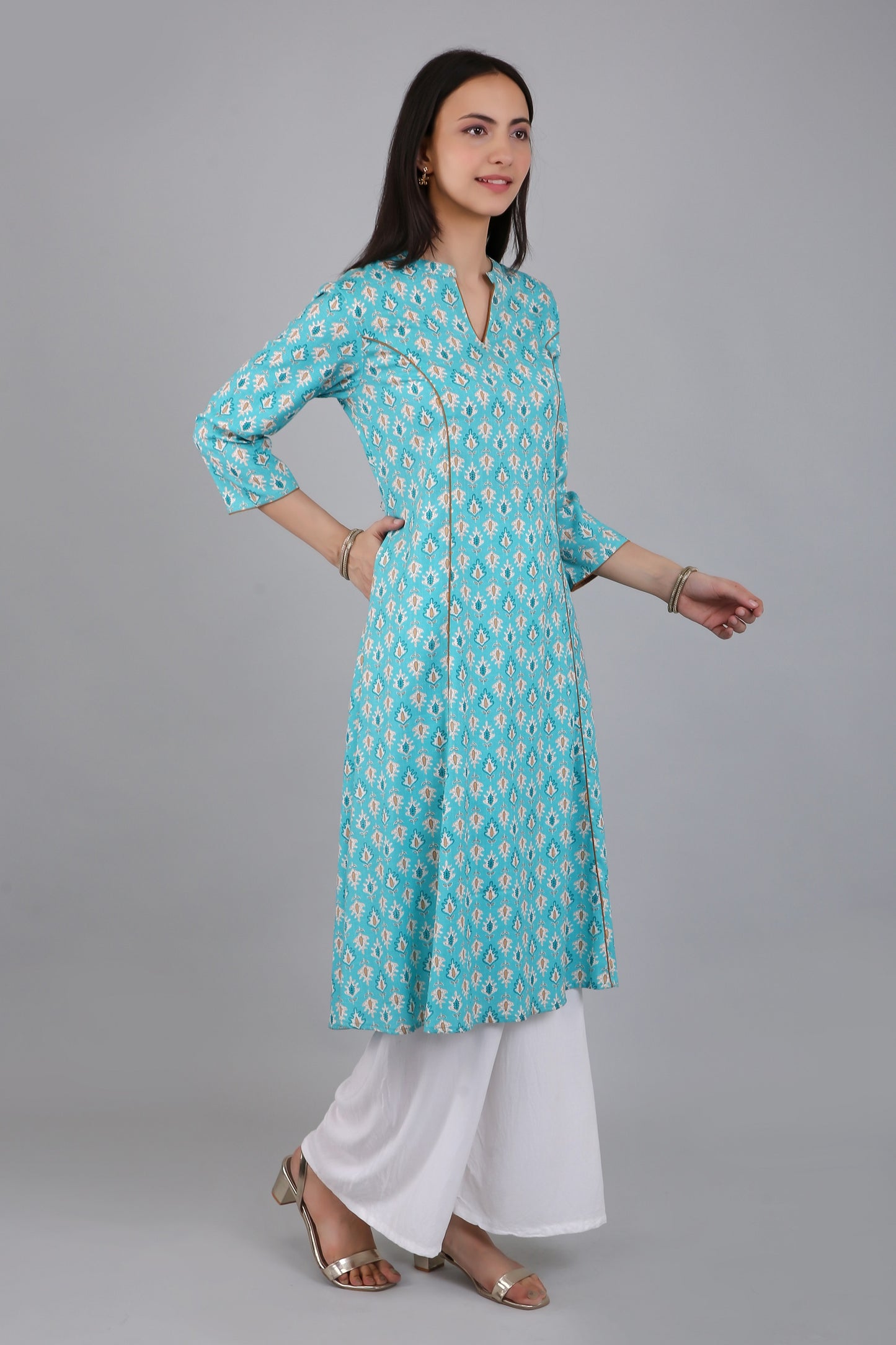 VAPPS Women's Cotton Printed A Line Kurta for Women and Girls -S2 - Blue