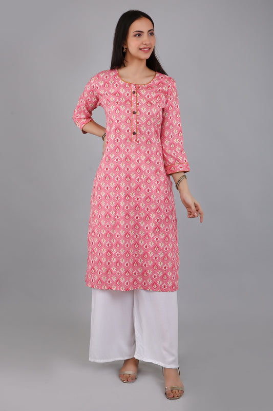 VAPPS Women's Cotton Printed A Line Kurta for Women and Girls -S3 - Peach