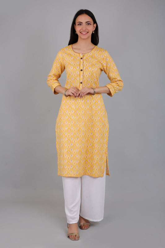 VAPPS Women's Cotton Printed A Line Kurta for Women and Girls -S3 - Yellow