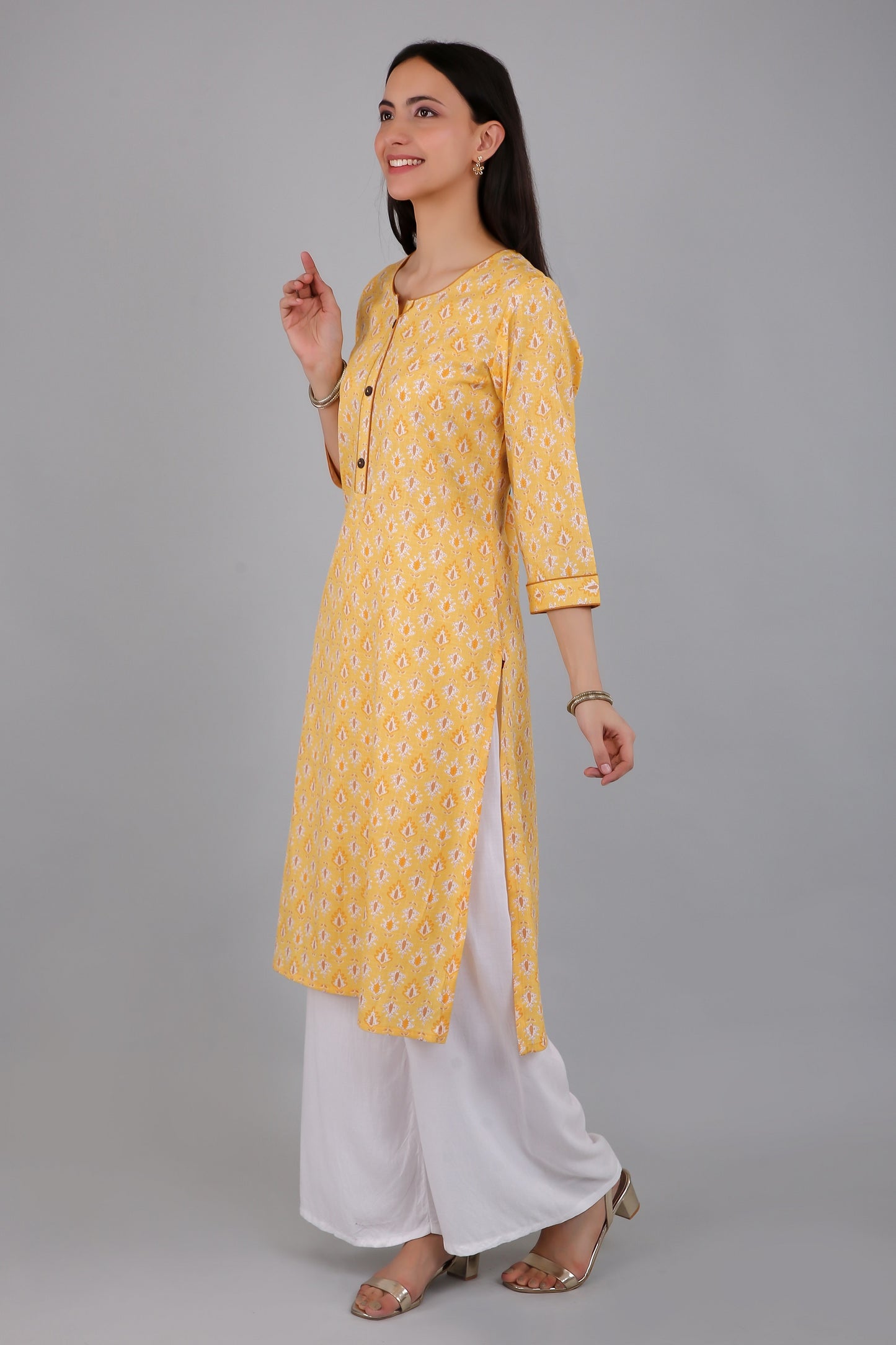 VAPPS Women's Cotton Printed A Line Kurta for Women and Girls -S3 - Yellow