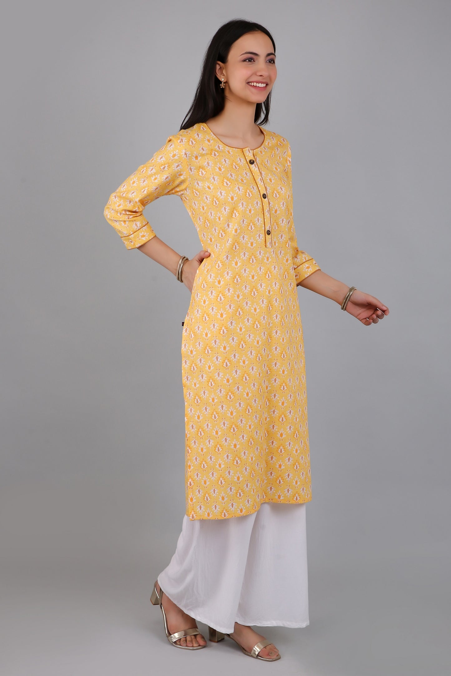 VAPPS Women's Cotton Printed A Line Kurta for Women and Girls -S3 - Yellow