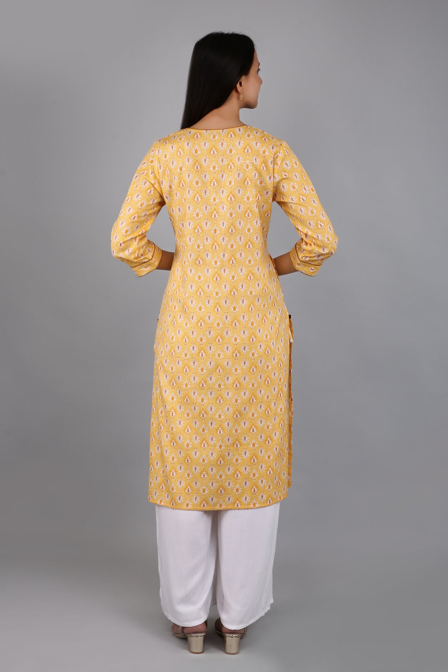 VAPPS Women's Cotton Printed A Line Kurta for Women and Girls -S3 - Yellow