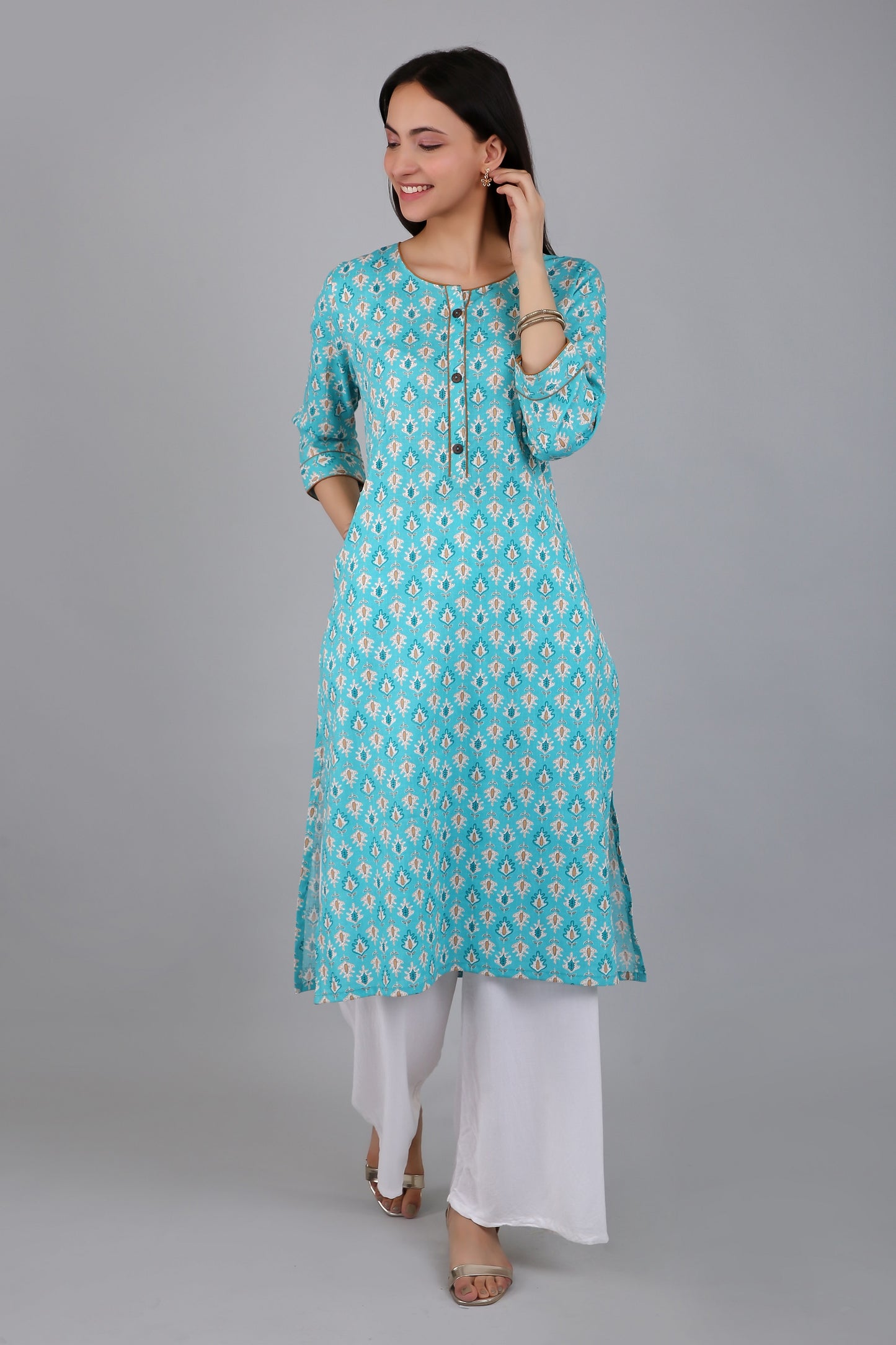 VAPPS Women's Cotton Printed A Line Kurta for Women and Girls -S3 - Blue