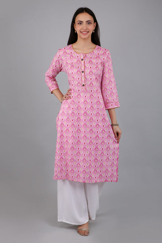 VAPPS Women's Cotton Printed A Line Kurta for Women and Girls -S3 - Pink