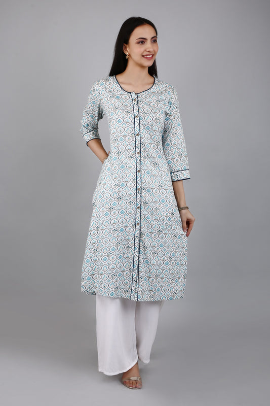 VAPPS Cotton A Line Printed Kurta for Women and Girls - Blue