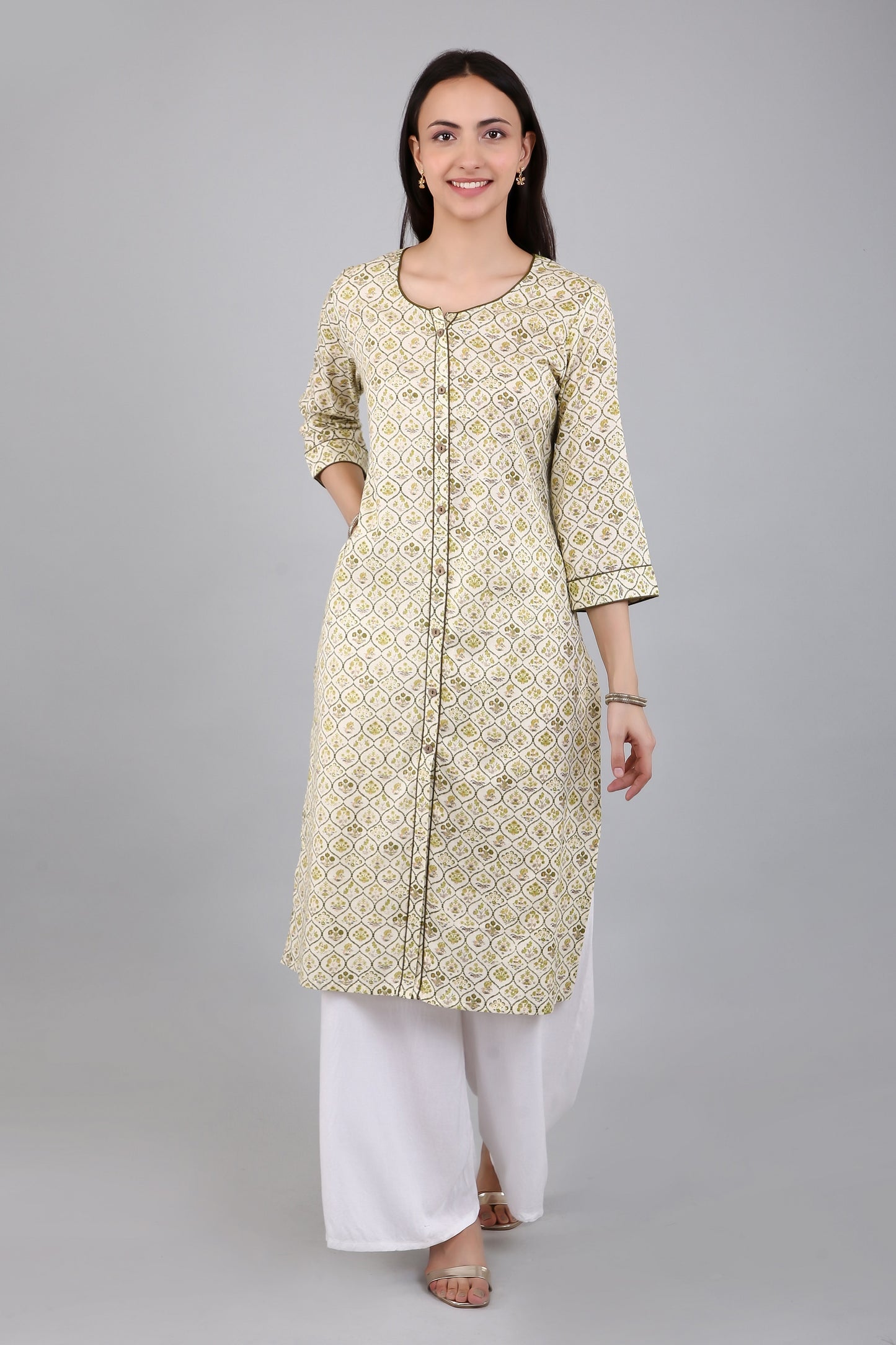 VAPPS Cotton A Line Printed Kurta for Women and Girls - Green