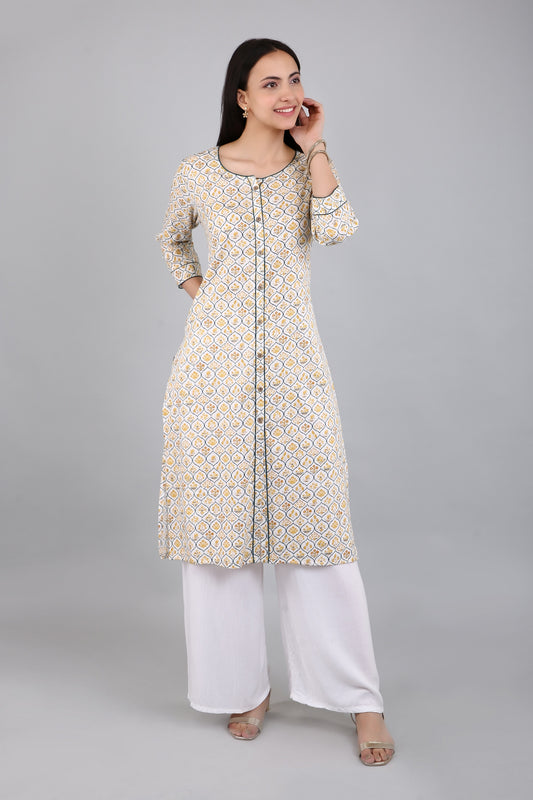 VAPPS Cotton A Line Printed Kurta for Women and Girls - Yellow