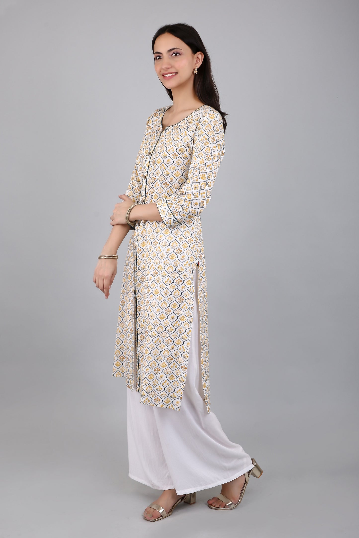 VAPPS Cotton A Line Printed Kurta for Women and Girls - Yellow