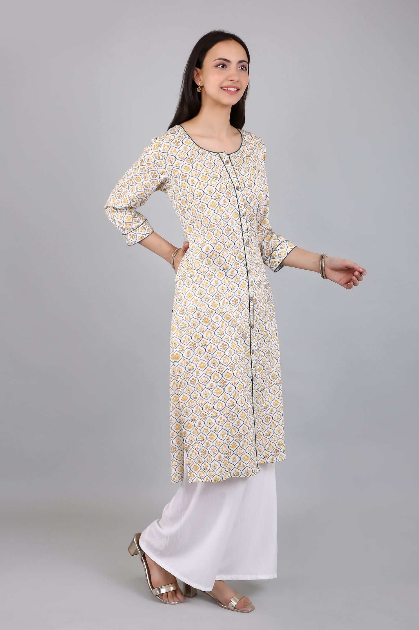 VAPPS Cotton A Line Printed Kurta for Women and Girls - Yellow