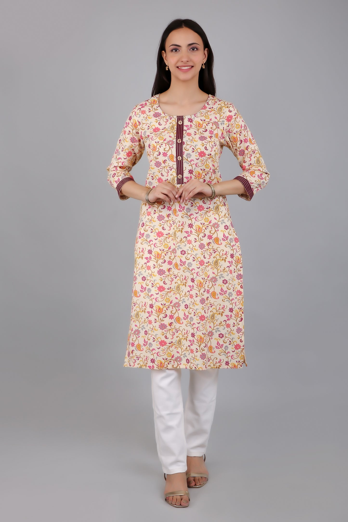 VAPPS Cotton Floral Printed Kurta for Women and Girls - Wine