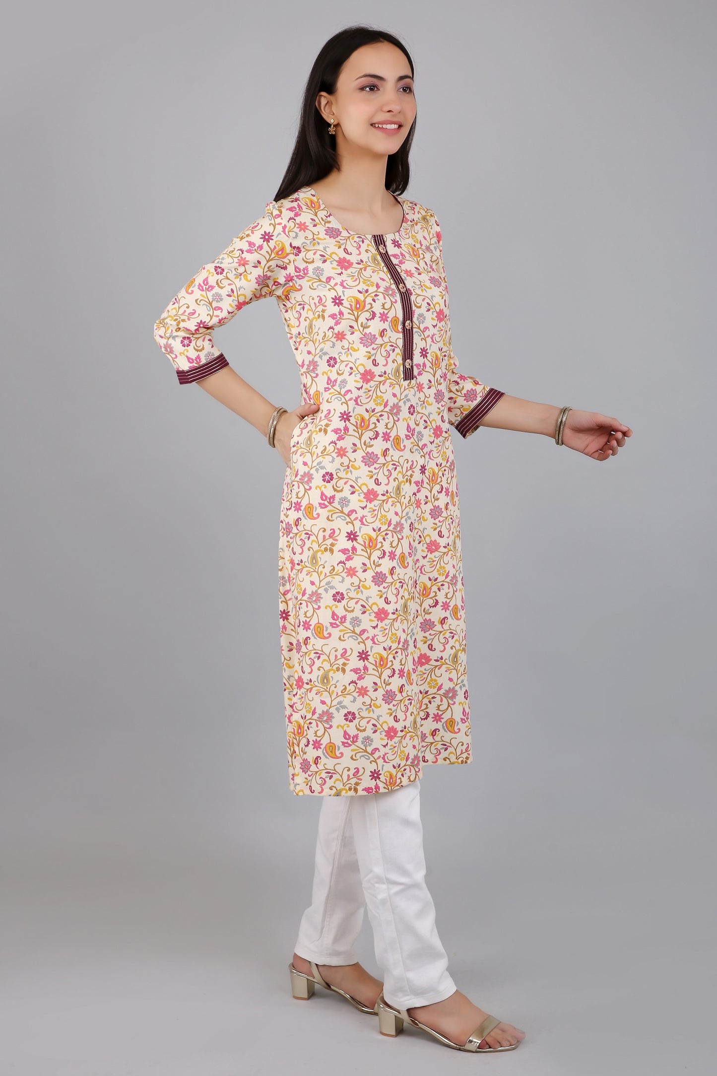 VAPPS Cotton Floral Printed Kurta for Women and Girls - Wine